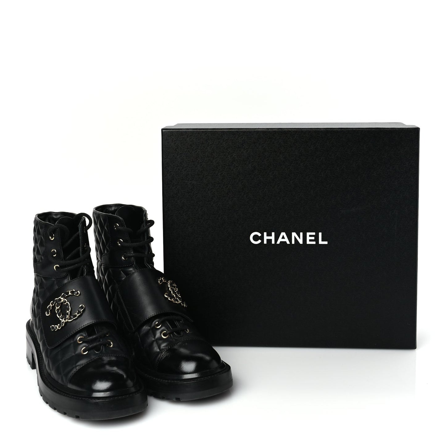 Shiny Calfskin Quilted Lace Up Combat Boots 39 Black