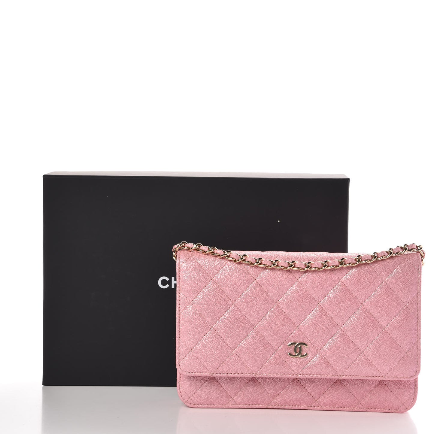 Iridescent Caviar Quilted Wallet on Chain WOC Rose Pink