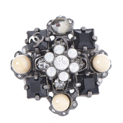 Chanel Baguette Crystal Beaded CC Ring Black Silver 1 of 6
