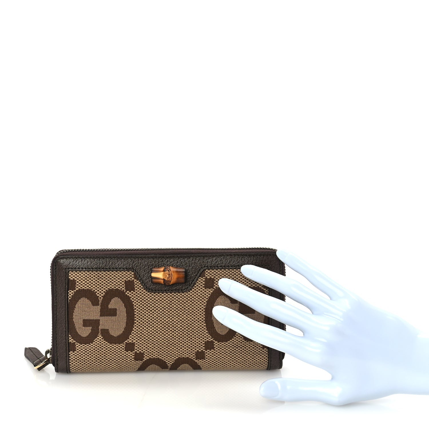 Gucci Monogram Jumbo GG Textured Dollar Calfskin Diana Zip Around Continental Wallet Camel Ebony New Acero 3 of 8