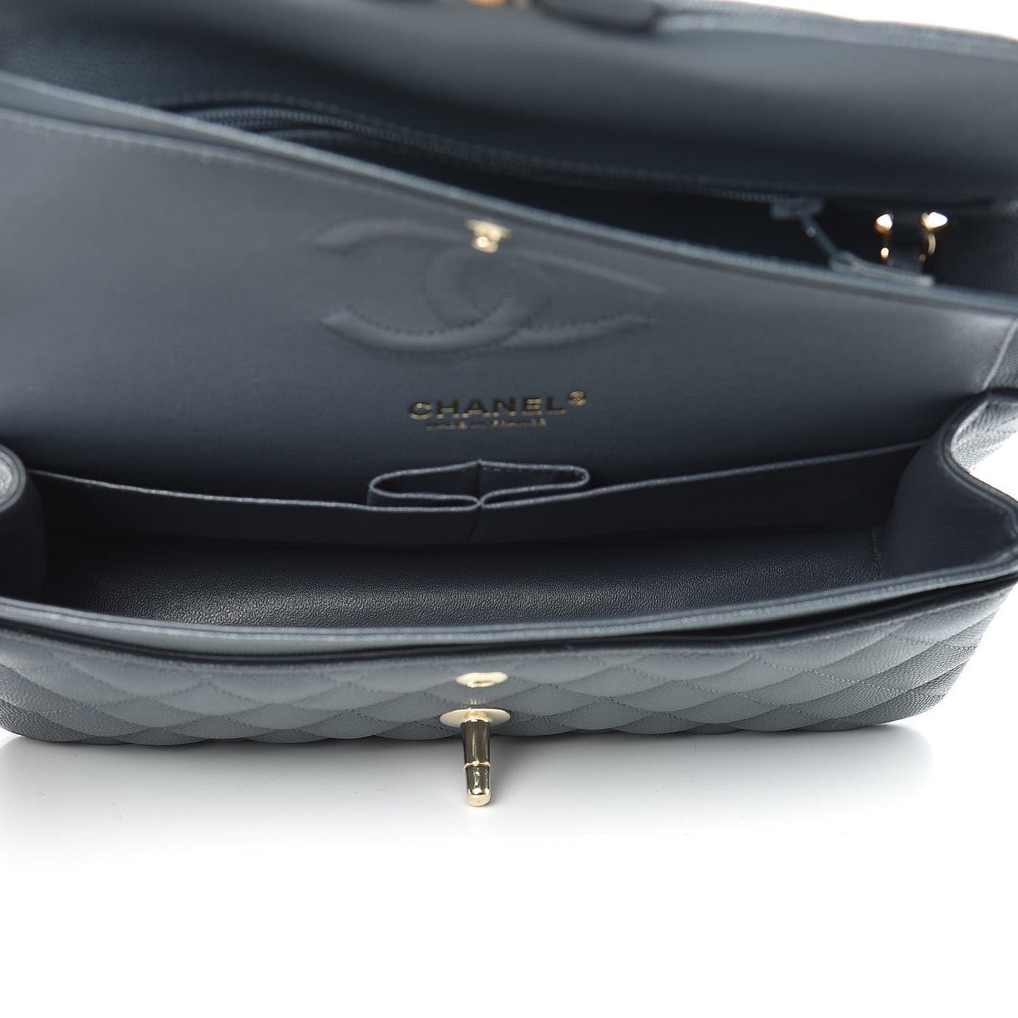 Caviar Quilted Medium Double Flap Dark Grey