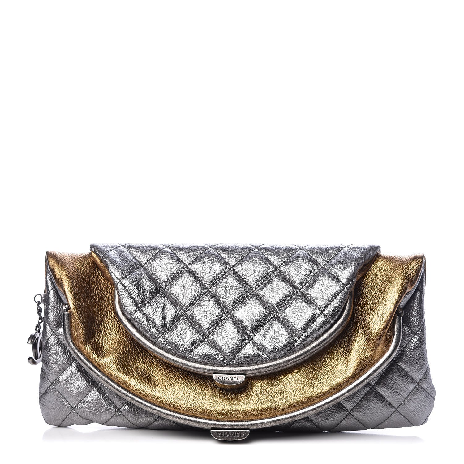 Chanel Metallic Goatskin Quilted Frame Clasp Flap Clutch Silver Gold 2 of 11