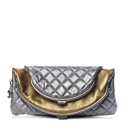 Chanel Metallic Goatskin Quilted Frame Clasp Flap Clutch Silver Gold 2 of 11