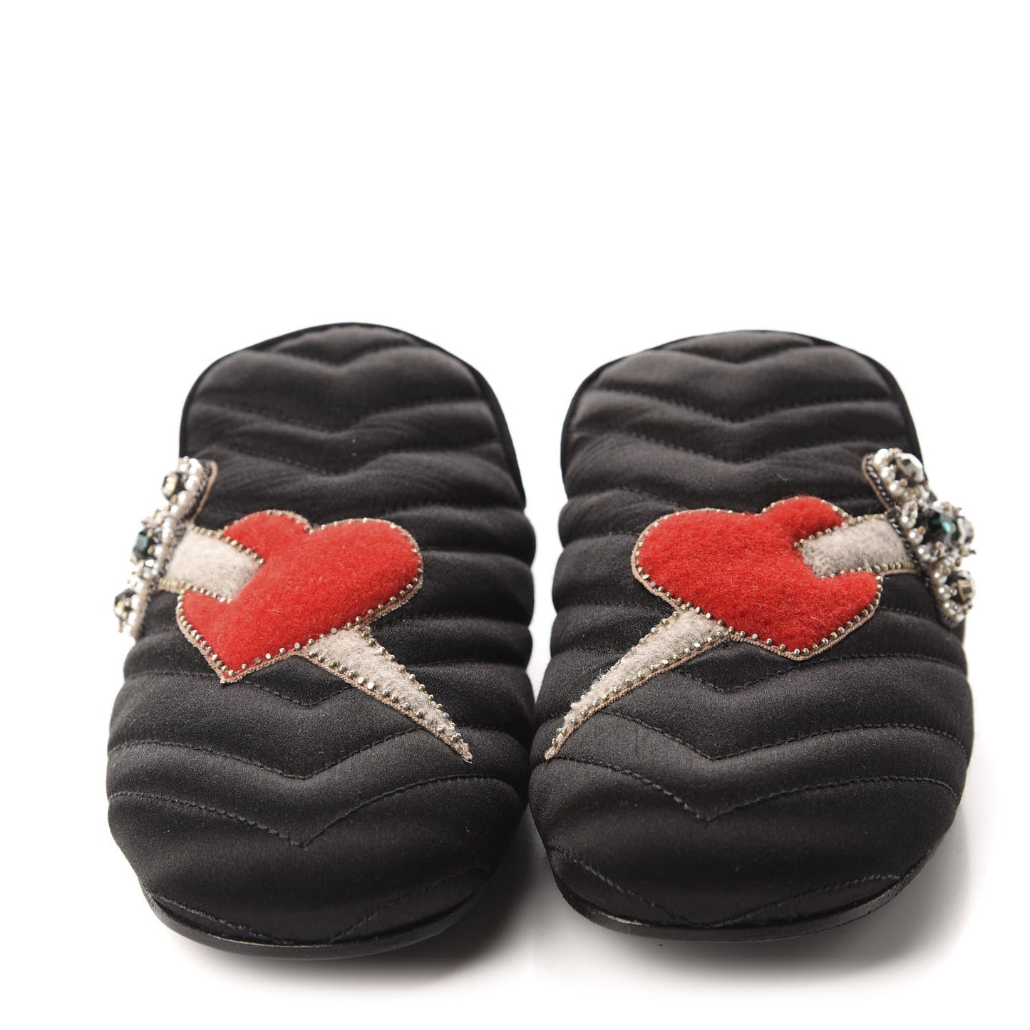 Satin Embroidered Heart and Dagger Slippers 36 Black