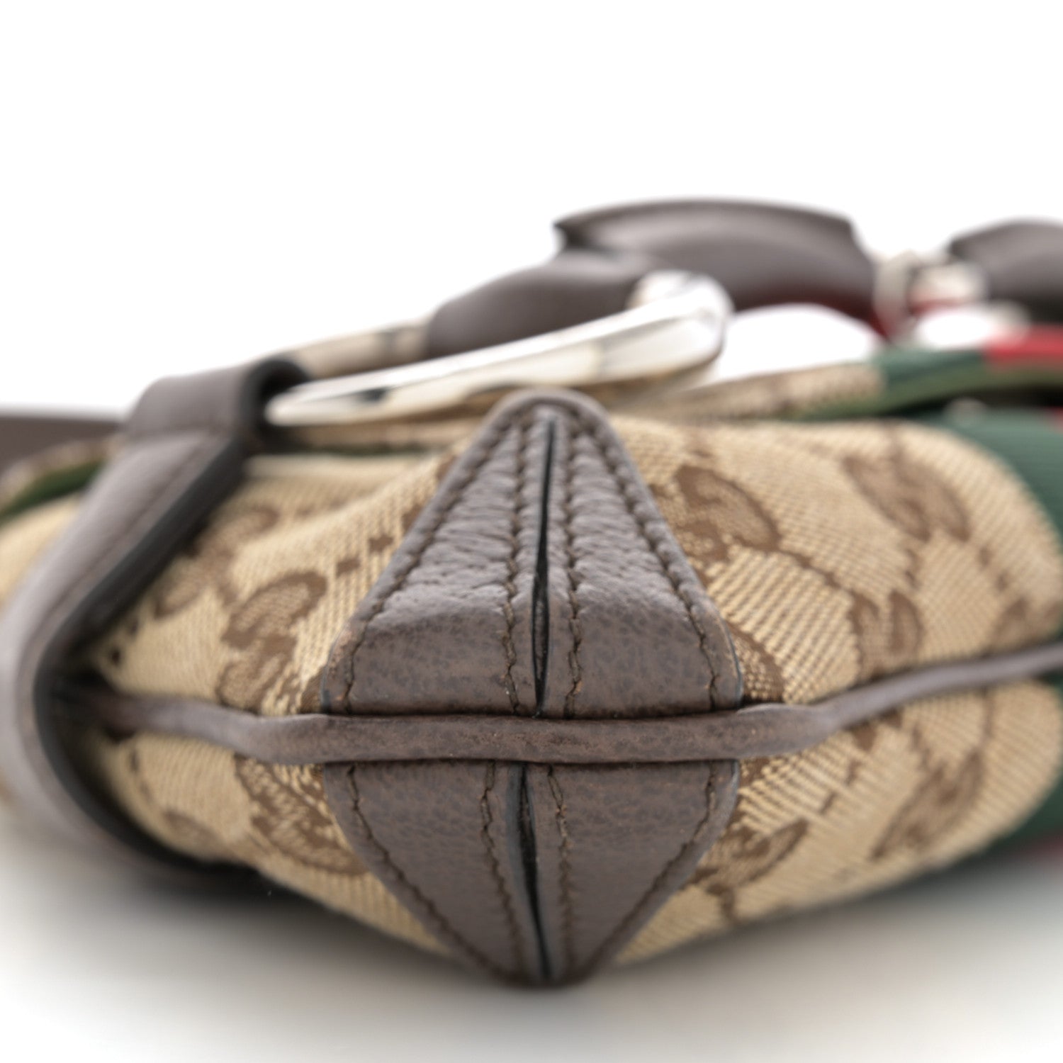 Gucci Monogram Textured Dollar Calfskin Heavy Grosgrain Web Small Maxi Horsebit Chain Shoulder Bag Beige Ebony New Acero 9 of 13