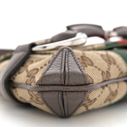 Gucci Monogram Textured Dollar Calfskin Heavy Grosgrain Web Small Maxi Horsebit Chain Shoulder Bag Beige Ebony New Acero 9 of 13