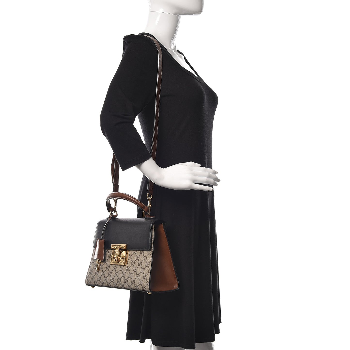 GG Supreme Monogram Calfskin Medium Padlock Top Handle Bag Beige Black Cuir