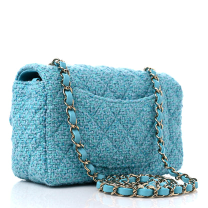 Chanel Wool Tweed Quilted Mini Rectangular Flap Turquoise Light Blue 3 of 10