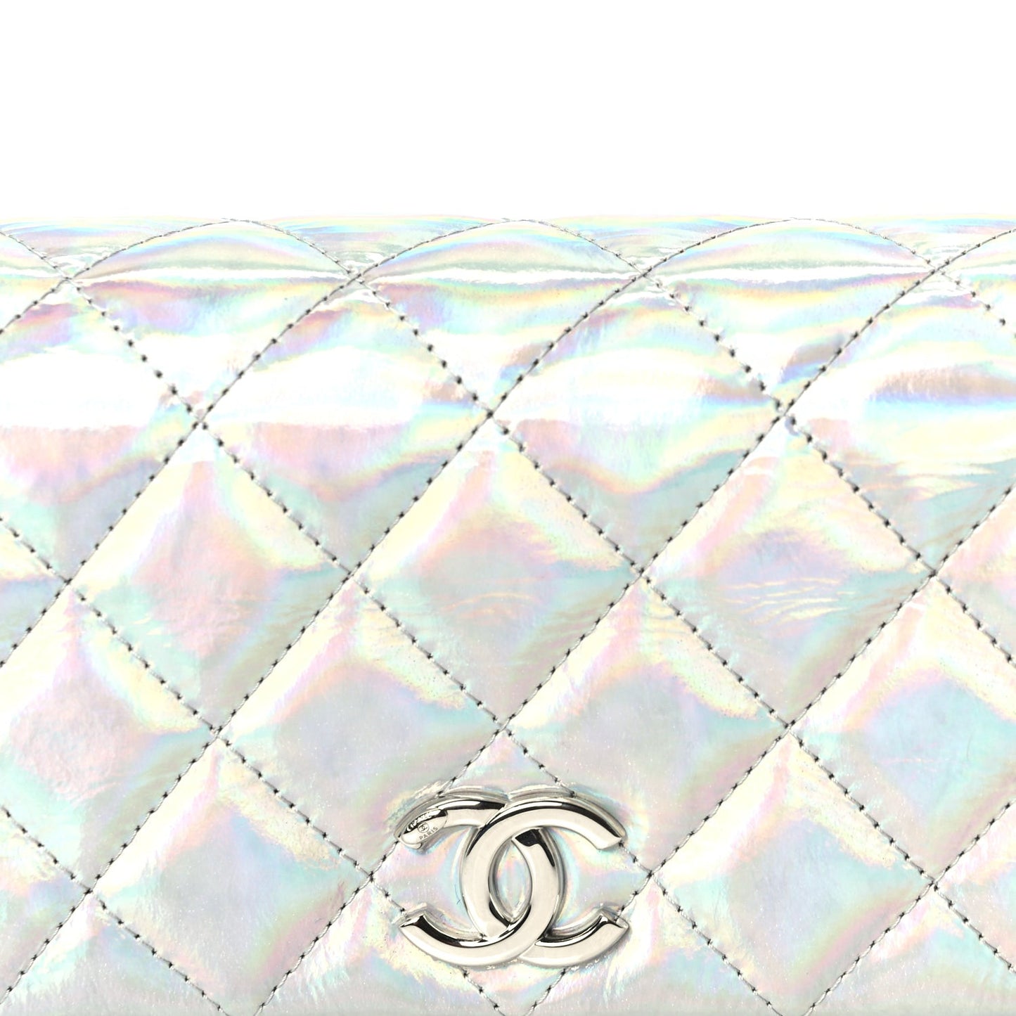 Iridescent Mirror Goatskin Quilted Clutch With Chain  Silver