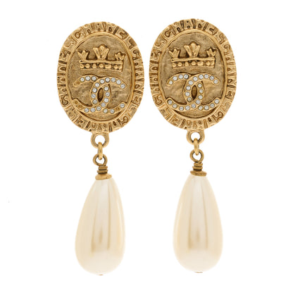 Chanel Crystal Pearl Crown CC Drop Earrings Gold 1 of 5