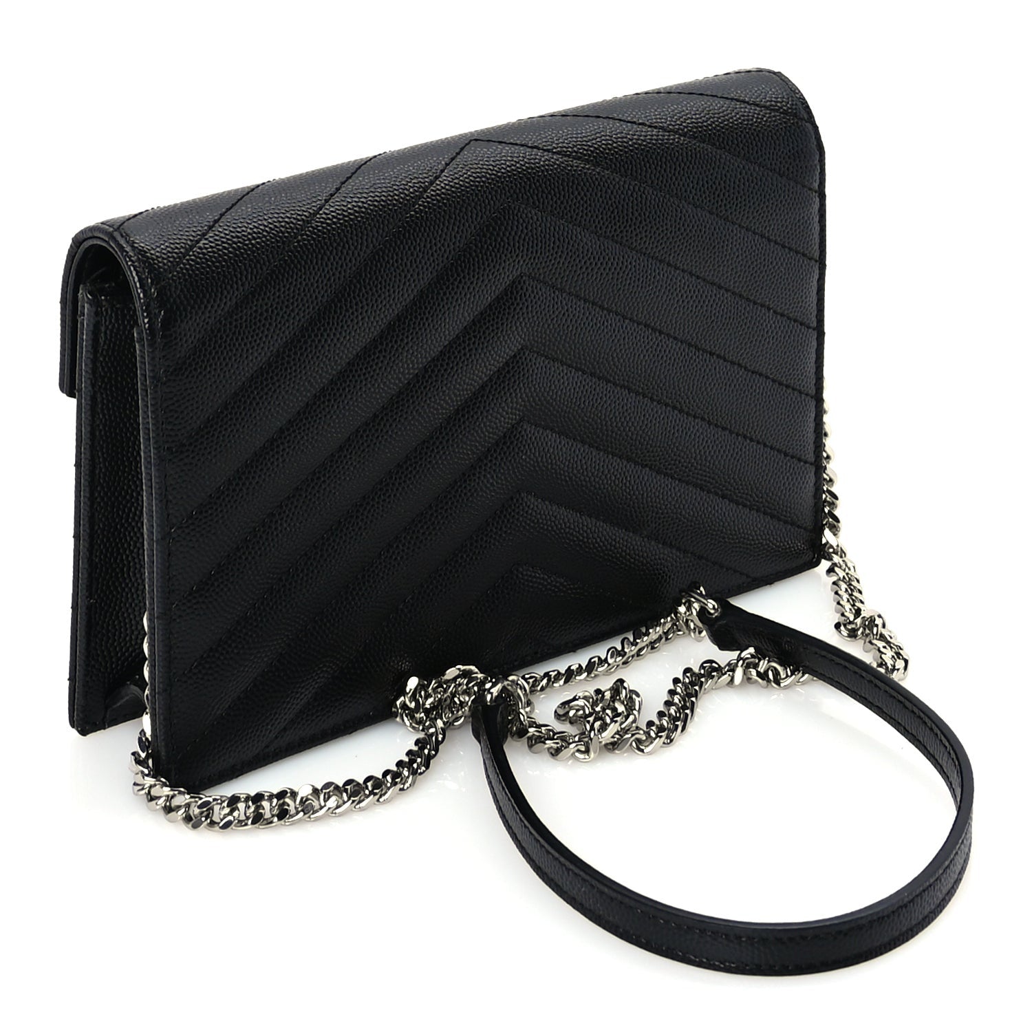 Saint Laurent Grain De Poudre Matelasse Chevron Monogram Envelope Chain Wallet  Black 2 of 8