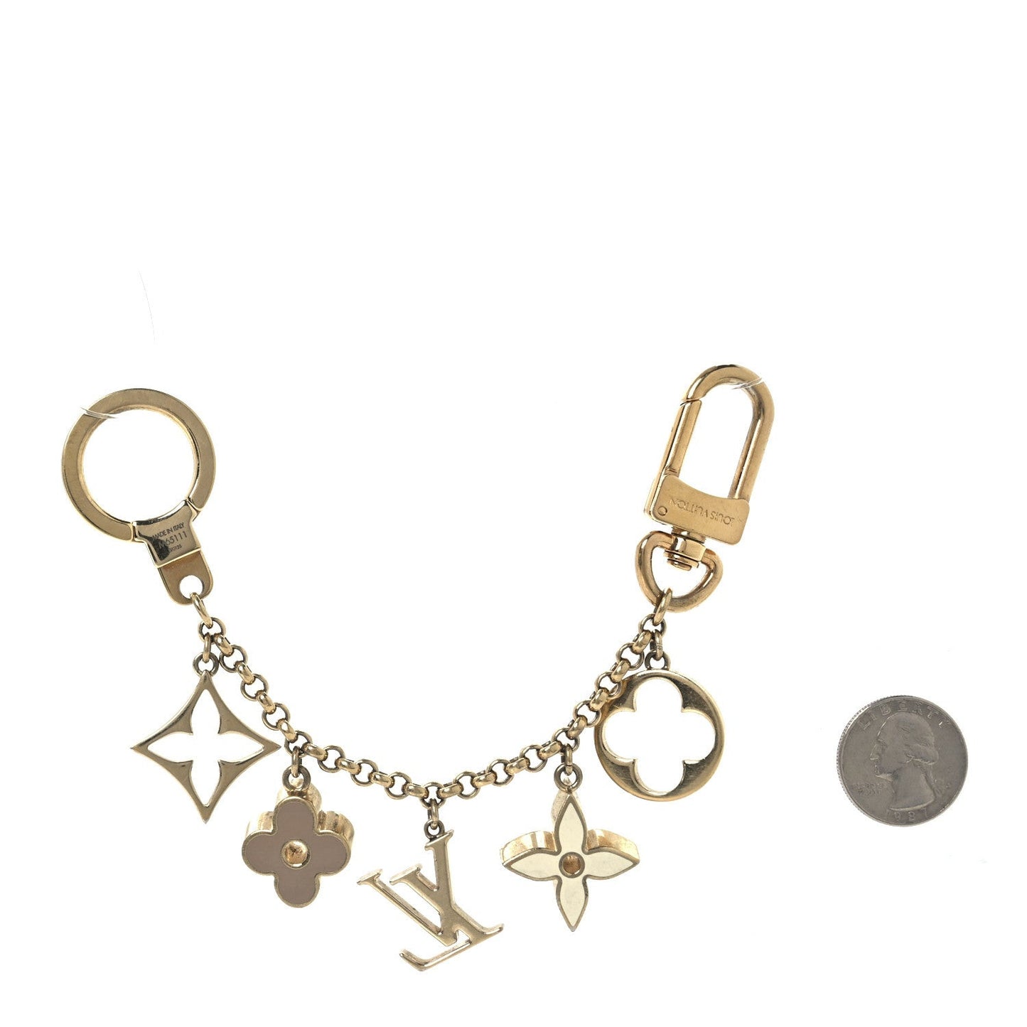 Brass Enamel Fleur De Monogram Bag Charm Chain Gold
