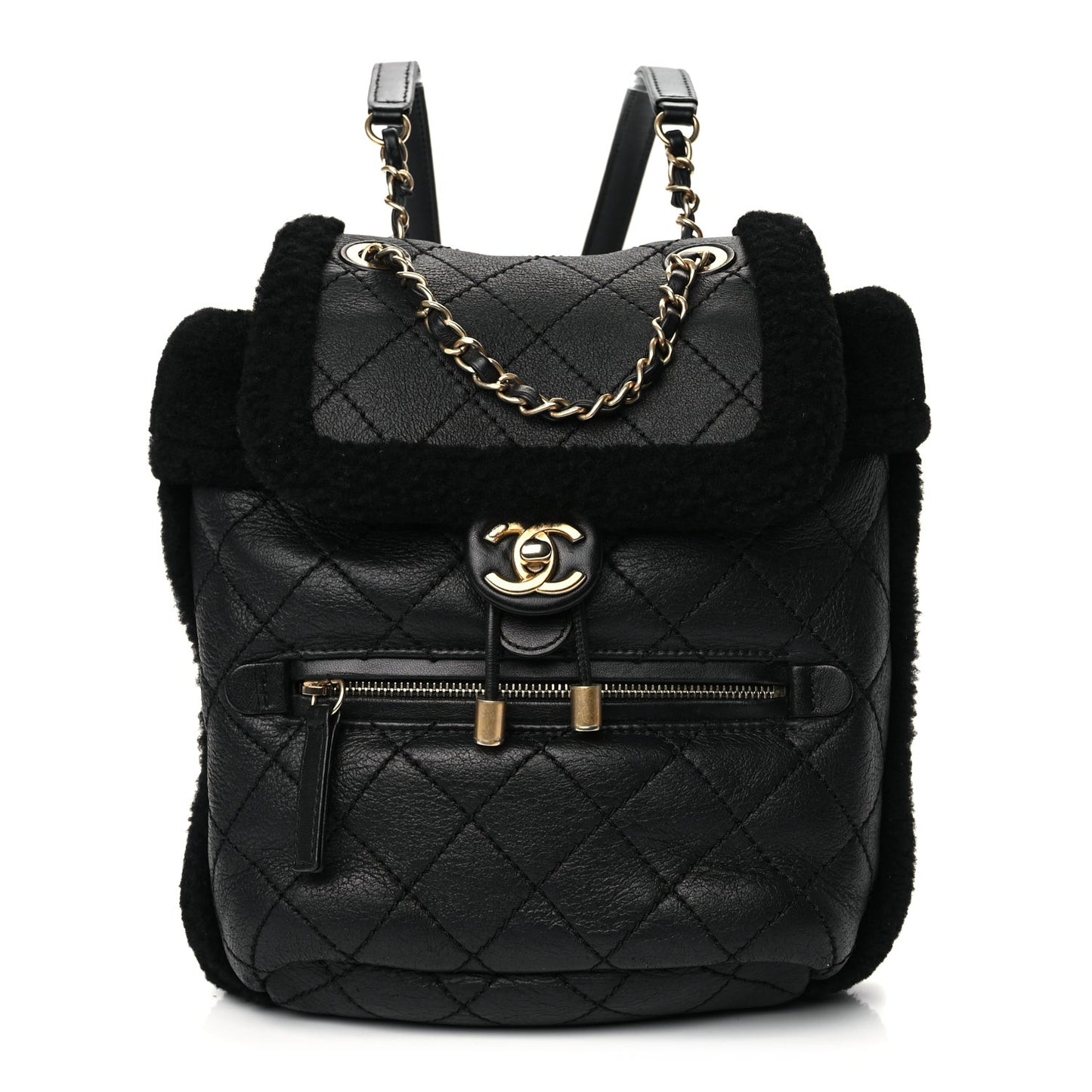 Lambskin Shearling Quilted CC Backpack Black