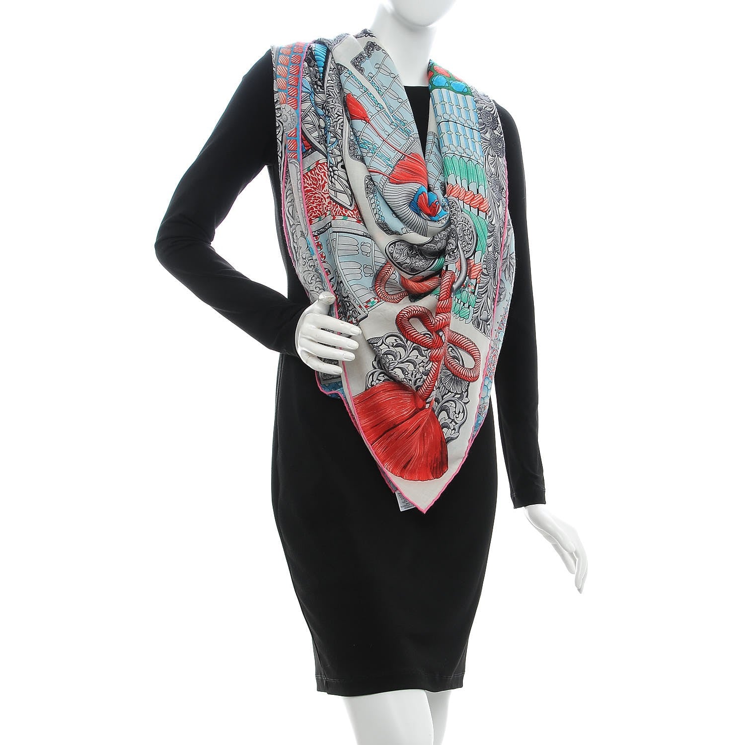 Hermes Cashmere Silk Parures De Samourais Shawl 140 Blanc Turquoise Vert 2 of 4