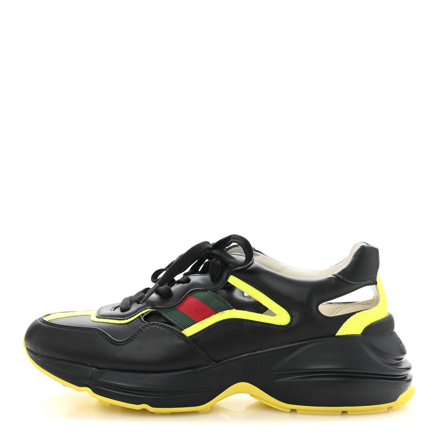 Gucci Demetra Web Mens Rhyton Cut Out Sneakers 10 Black Yellow Fluo 1 of 7