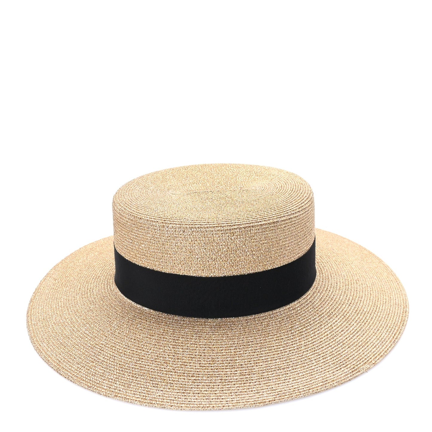 Glittered Straw Grosgrain Wide Brim Hat M  Gold Black