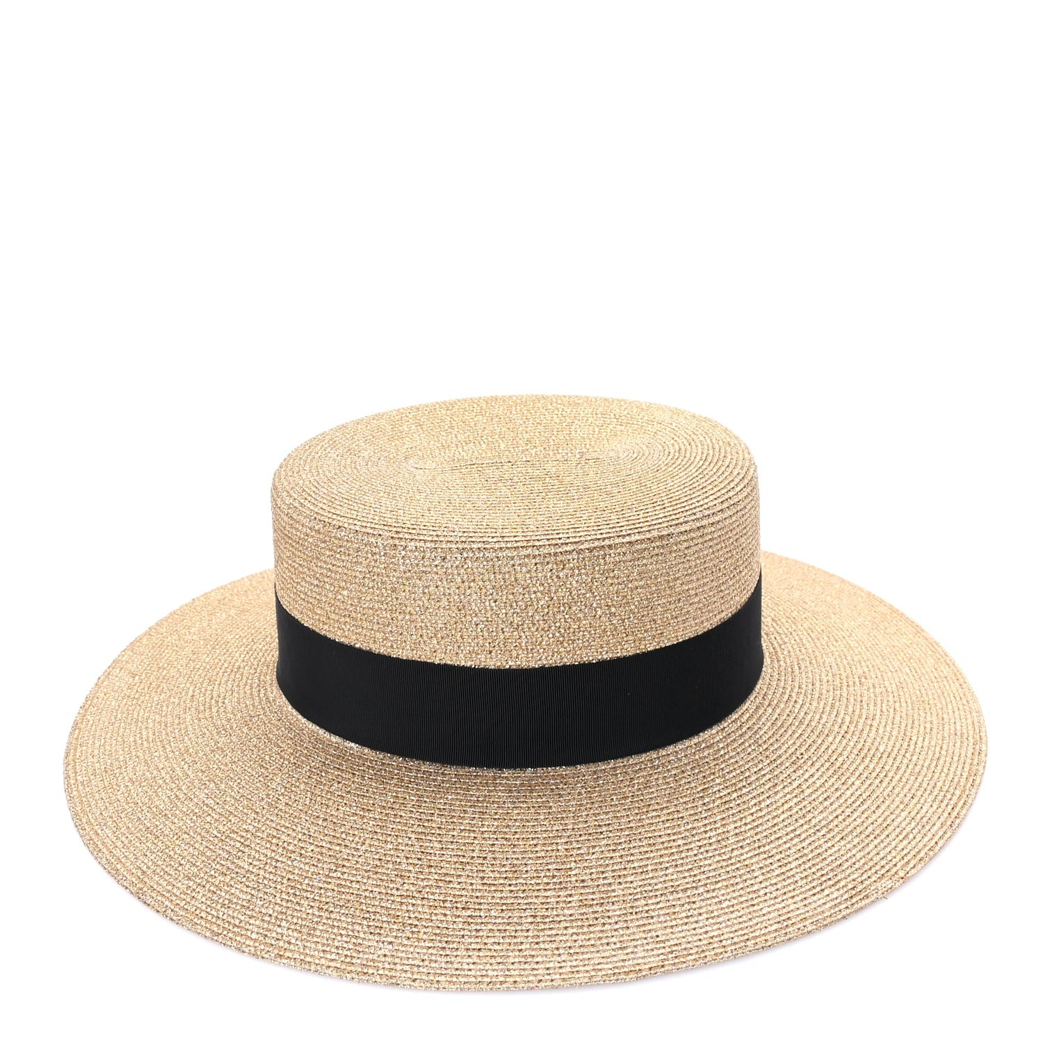 Gucci Glittered Straw Grosgrain Wide Brim Hat M  Gold Black 5 of 7