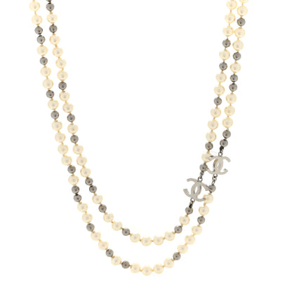 Chanel Pearl Bead CC Long Necklace Silver 1 of 4