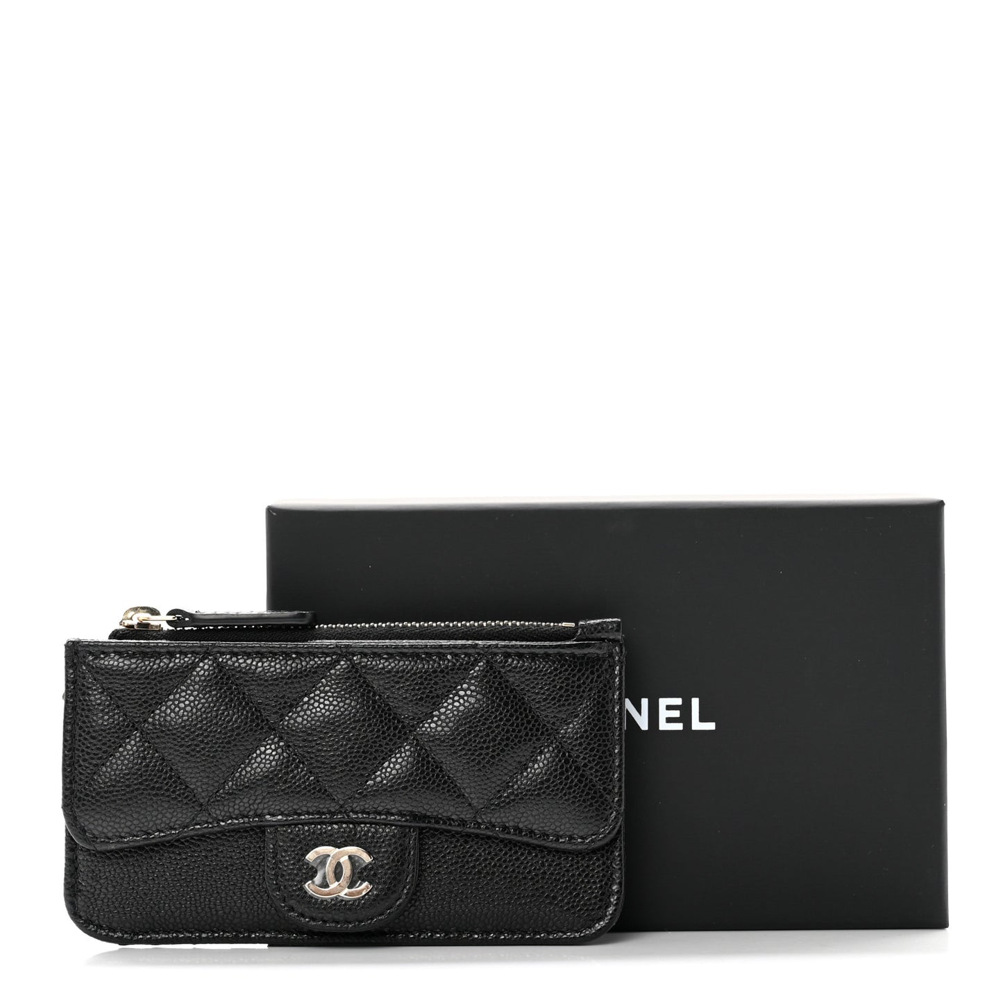 Caviar Quilted Flap Zip Card Holder Black
