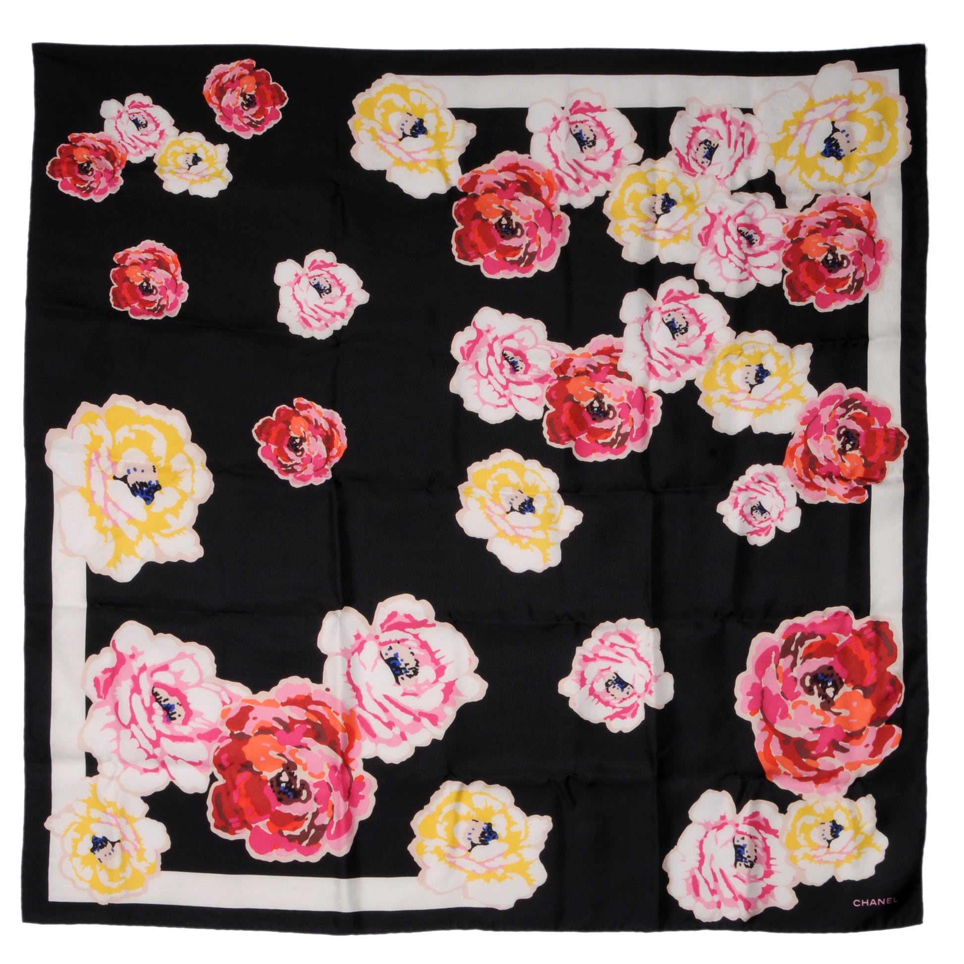 Chanel Silk Camellia Flower Scarf Black 2 of 5