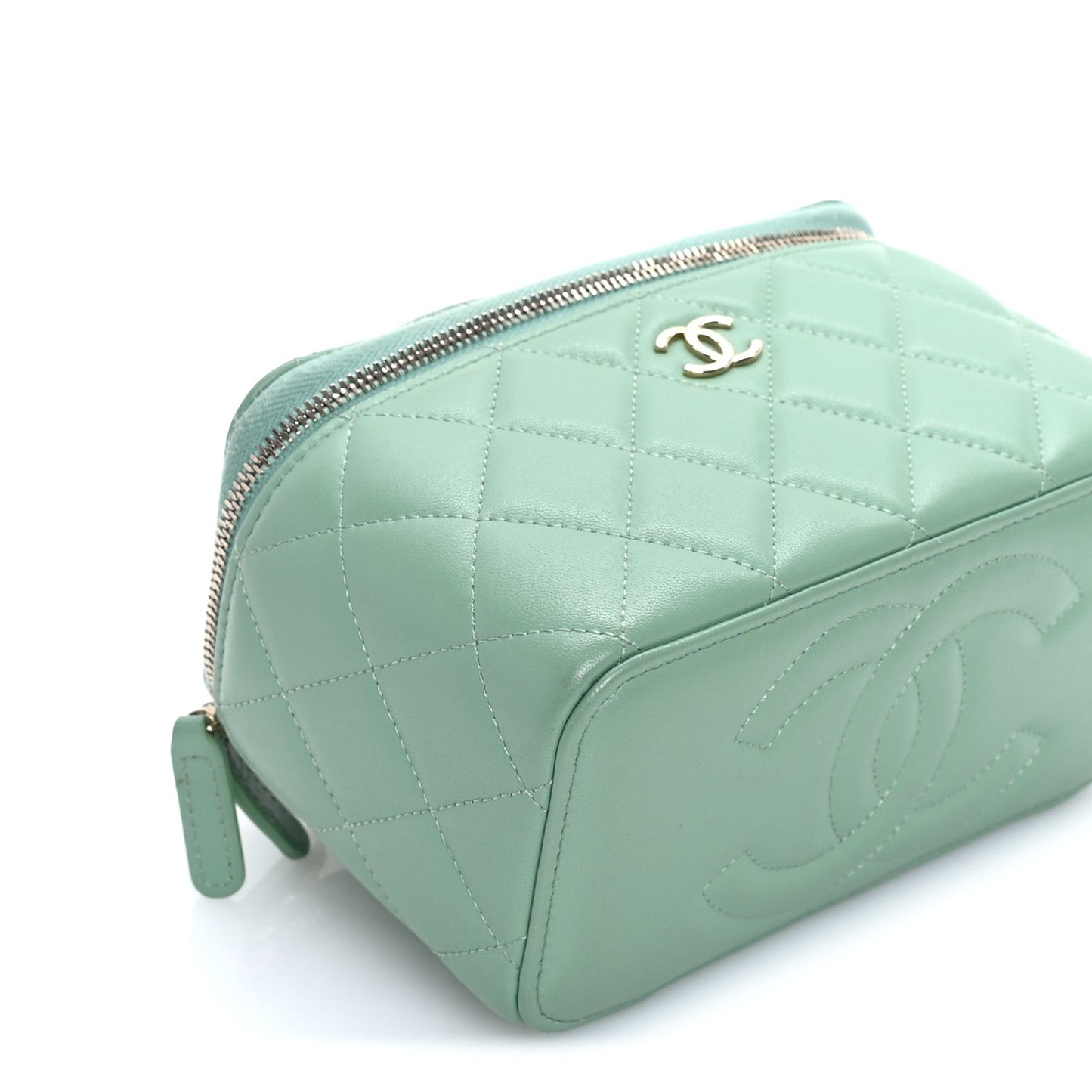 Lambskin Quilted Small Top Handle Vanity Case With Chain Light Green Light Green