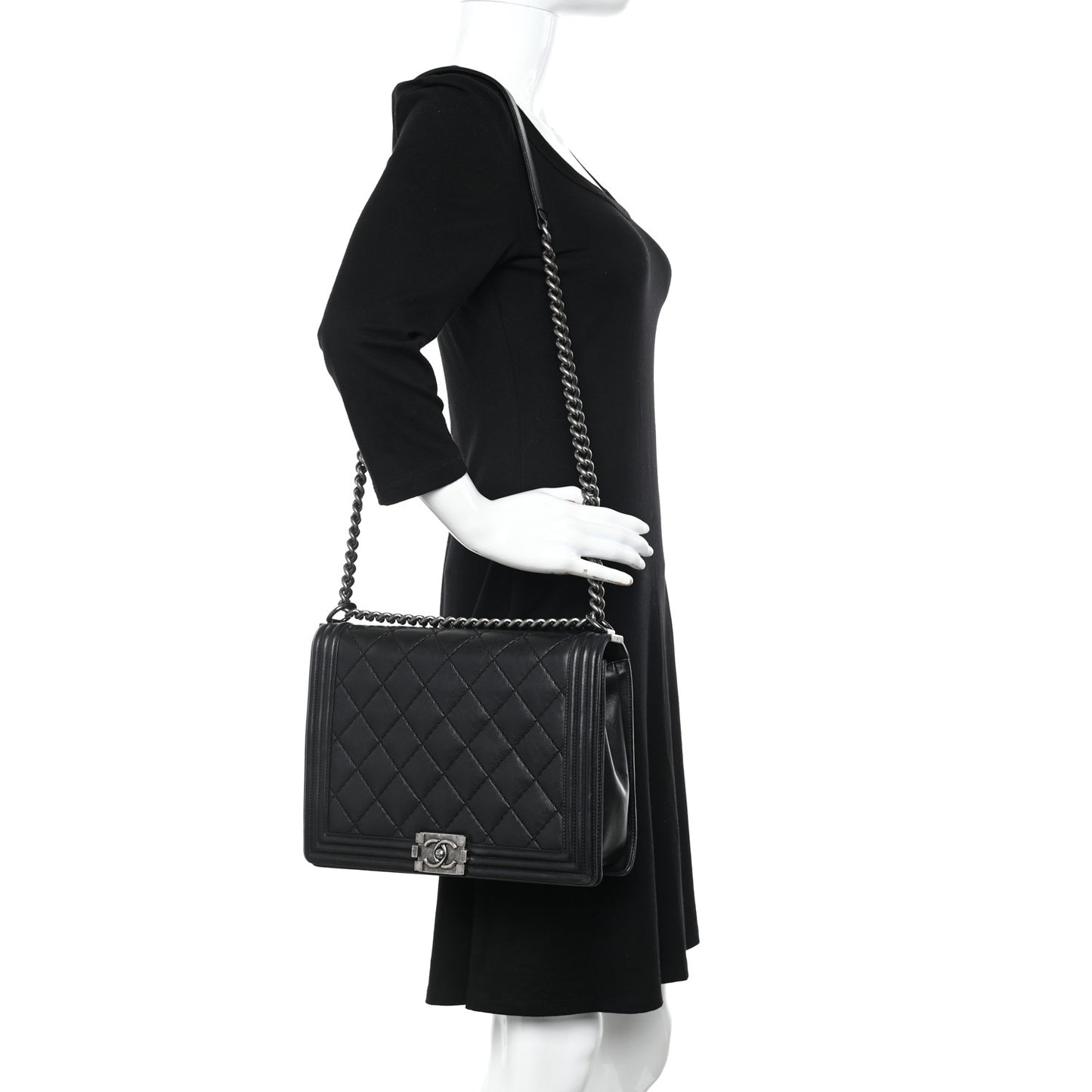 Calfskin Double Stitch Large Boy Flap Black