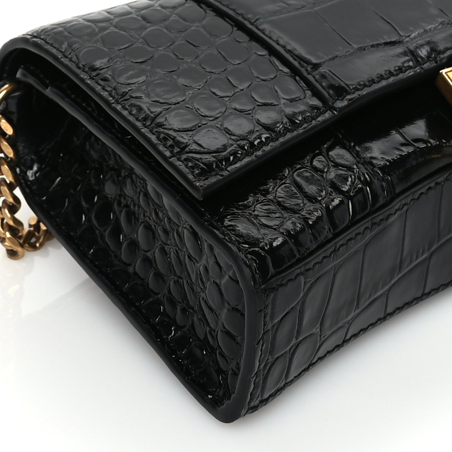Balenciaga Shiny Calfskin Crocodile Embossed Hourglass Wallet on Chain Black 7 of 8