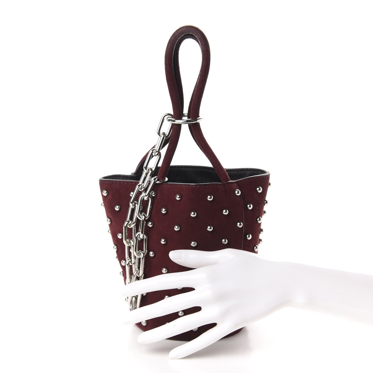 Suede Studded Mini Roxy Bucket Bag Burgundy