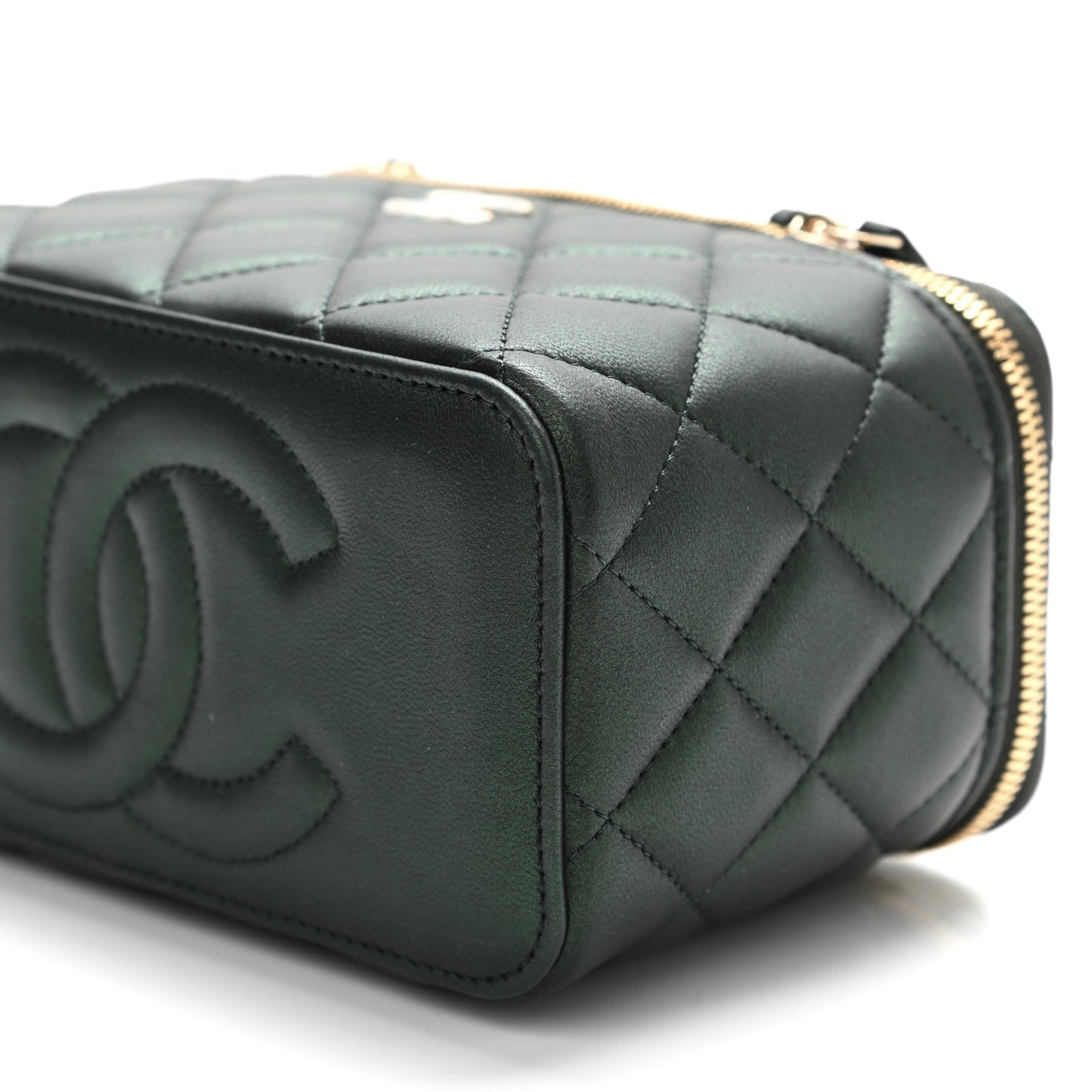 Iridescent Lambskin Quilted Small Top Handle Vanity Case With Chain Green