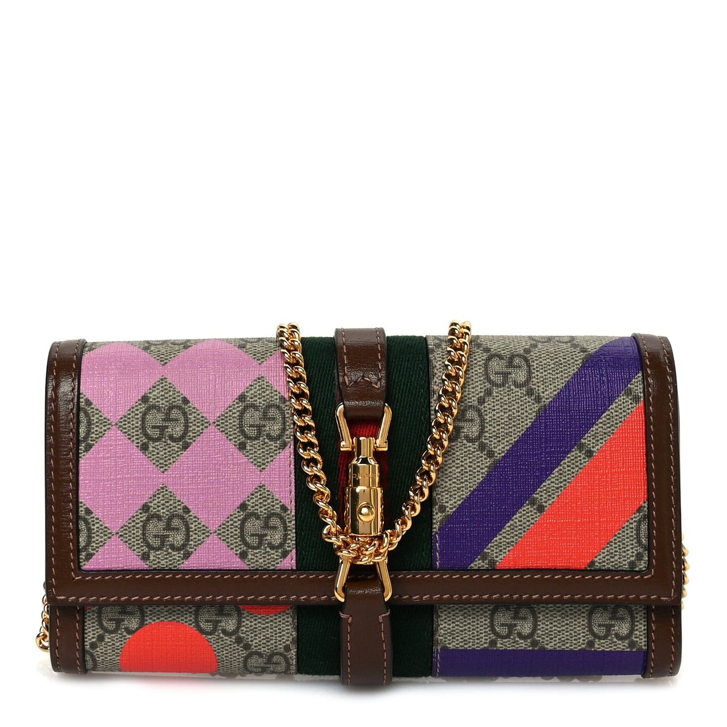 GG Supreme Monogram Geometric Web Jackie 1961 Chain Wallet  Brown Sugar