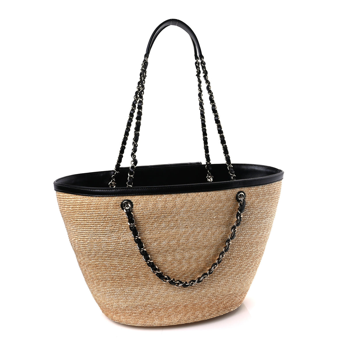 Raffia Braided Lambskin Shopping Tote Beige Black