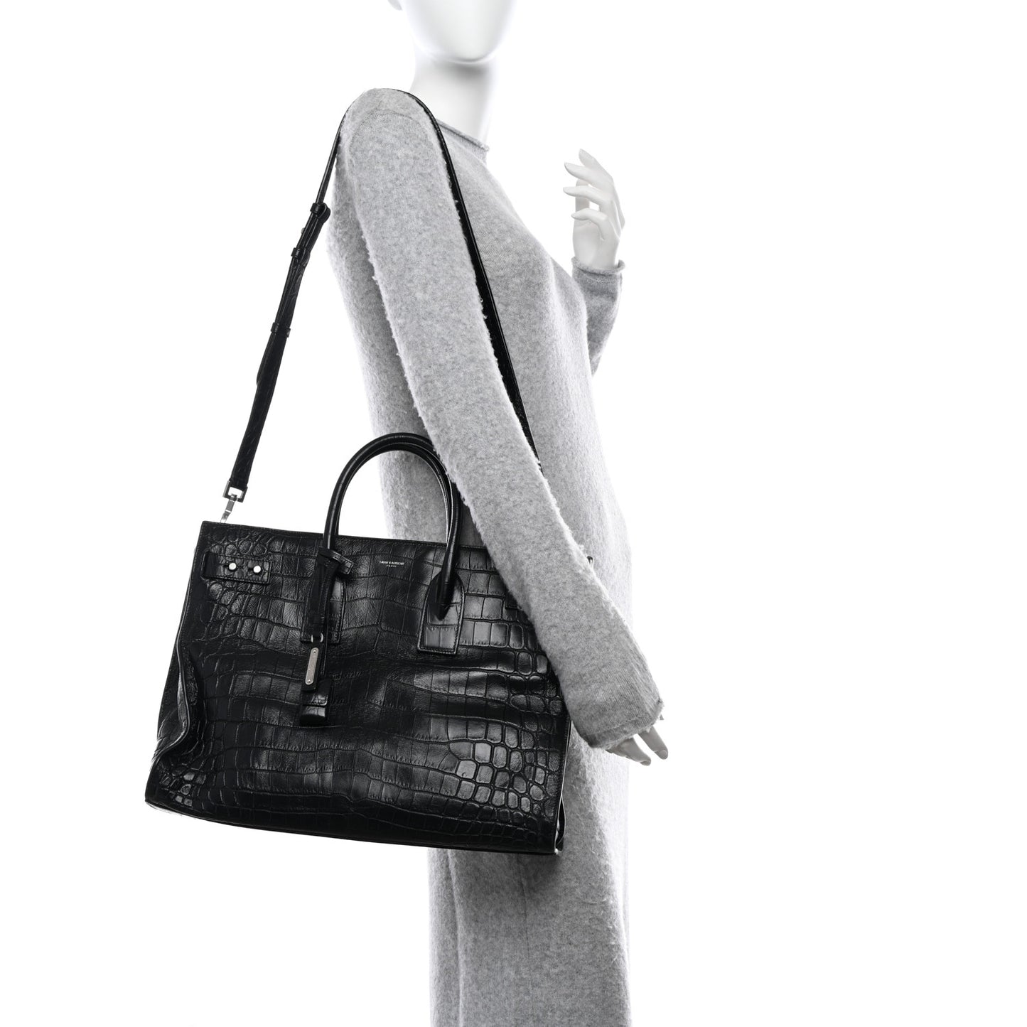 SAINT LAURENT Calfskin Crocodile Embossed Large Thin Sac De Jour Black