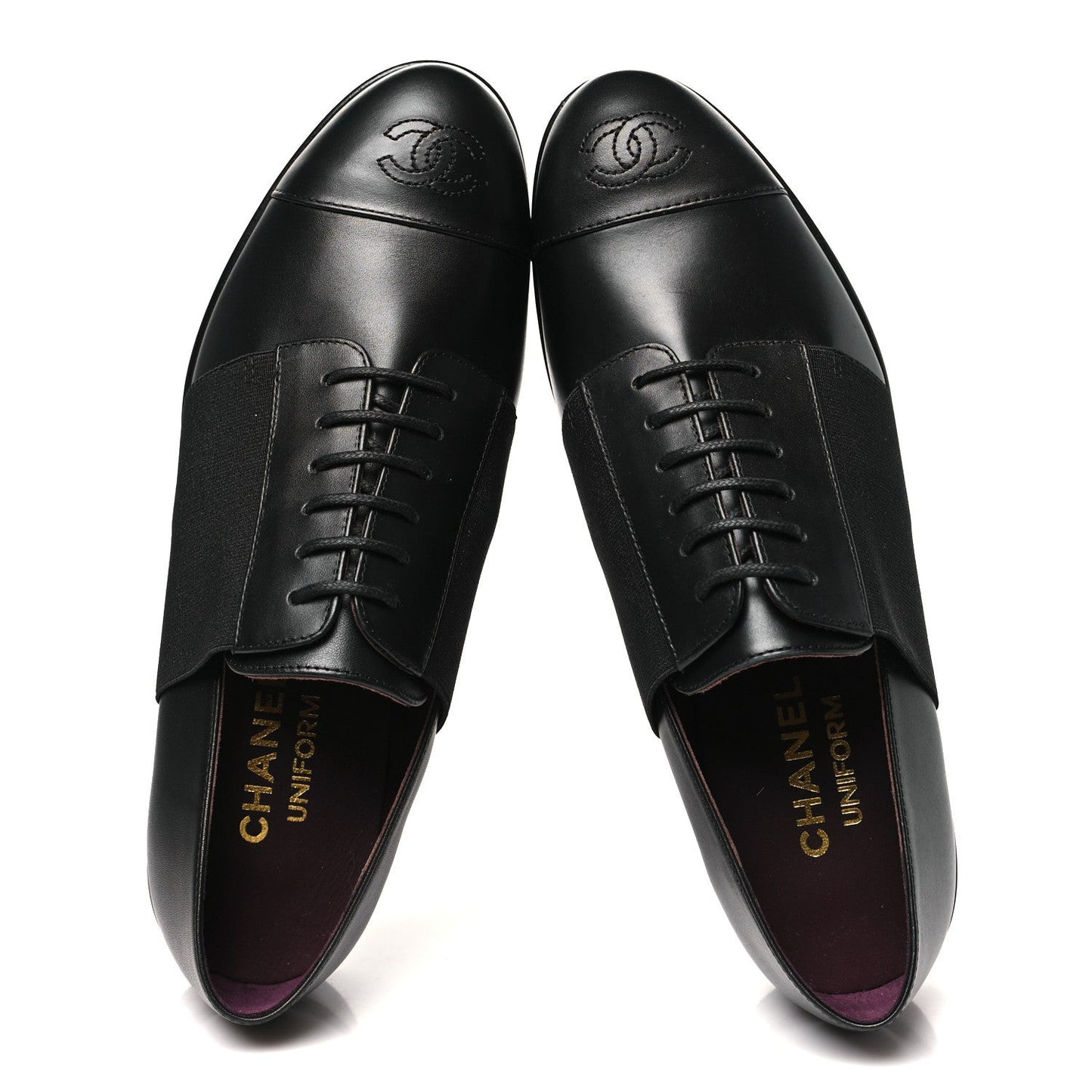 Calfskin Elastic Lace Up Cap Toe CC Loafers 37 Black