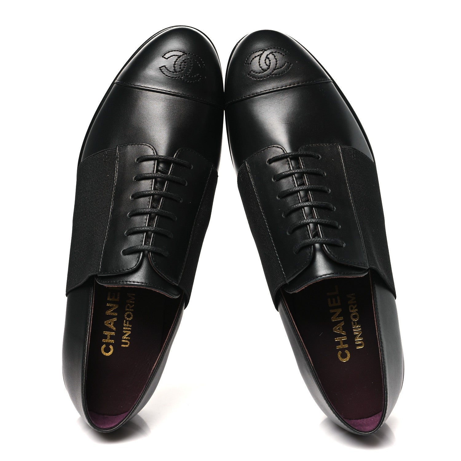 Chanel Calfskin Elastic Lace Up Cap Toe CC Loafers 37 Black 2 of 7