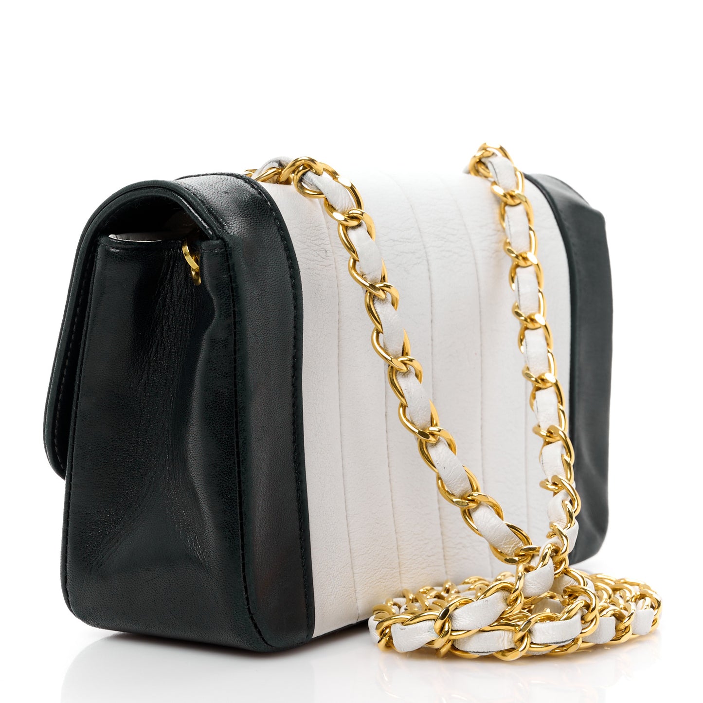 Lambskin Vertical Quilt Mini Flap Black White