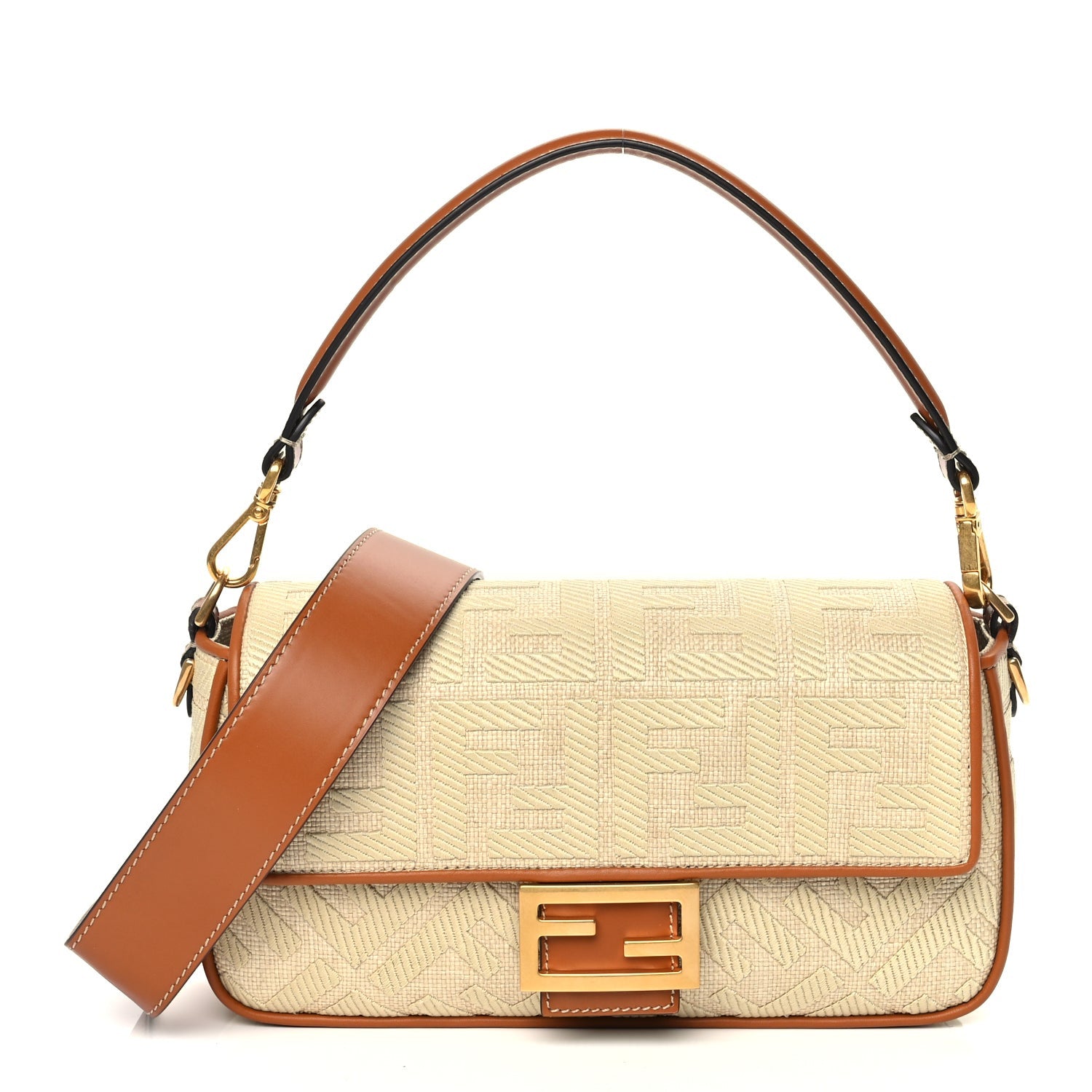 Fendi Raffia Vitello King Lucido FF Embroidered Baguette Alchemy Brandy 2 of 10