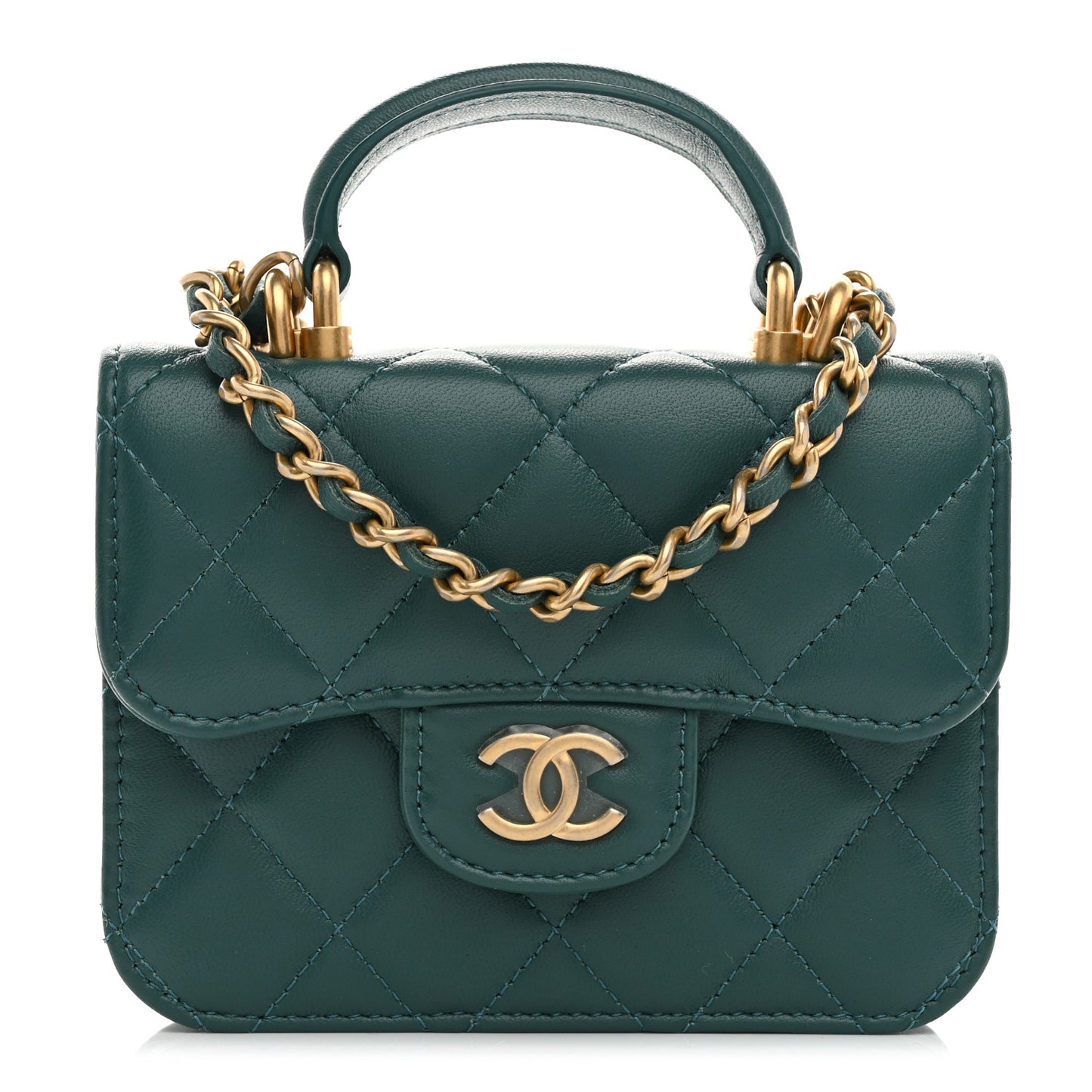 Lambskin Quilted Top Handle Flap Coin Purse With Chain Green