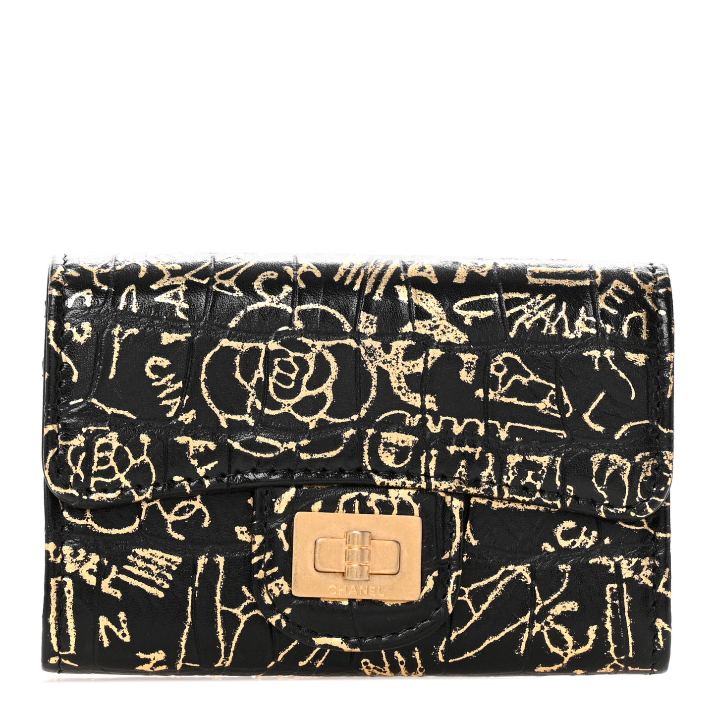 Calfskin Crocodile Embossed Graffiti 2.55 Crocodile Reissue Flap Card Holder Black Gold