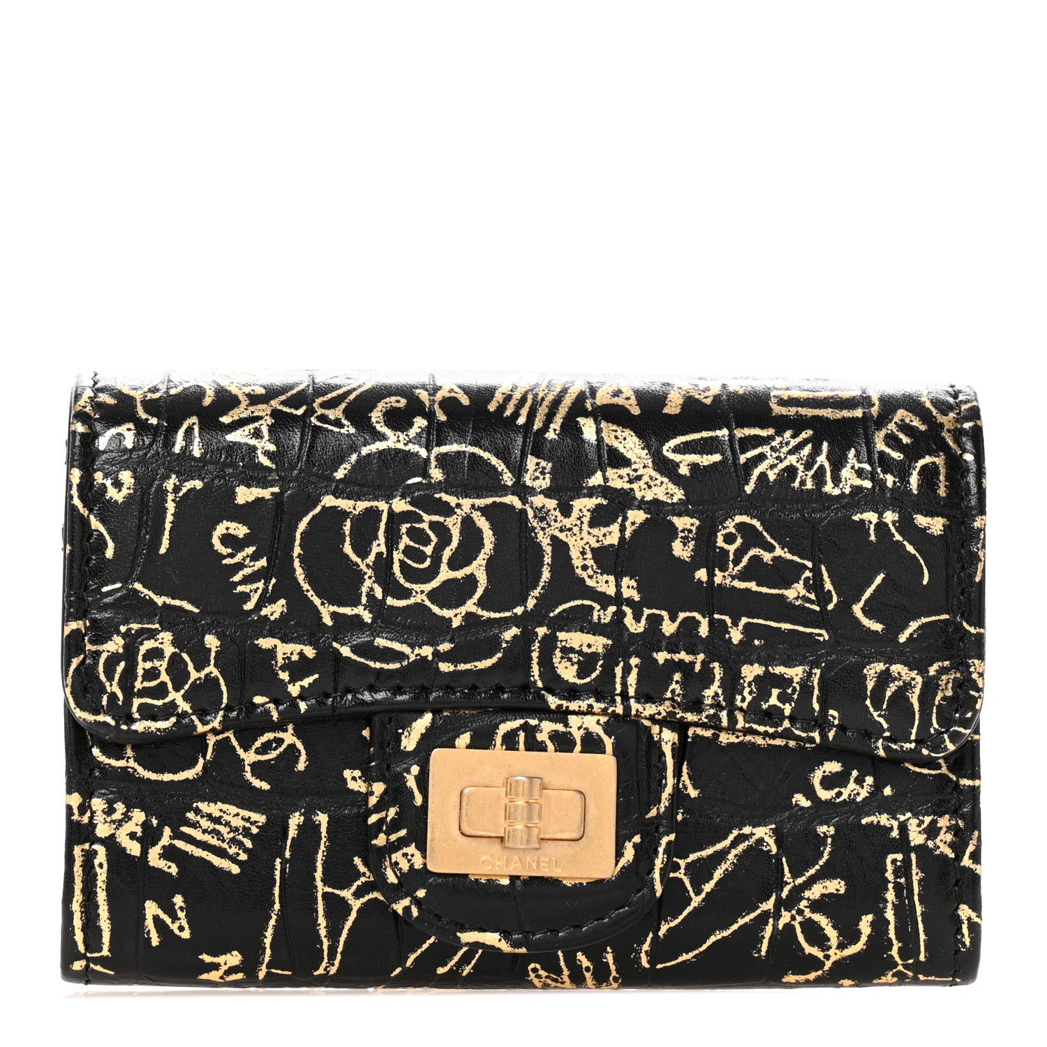 Chanel Calfskin Crocodile Embossed Graffiti 2.55 Crocodile Reissue Flap Card Holder Black Gold 1 of 9