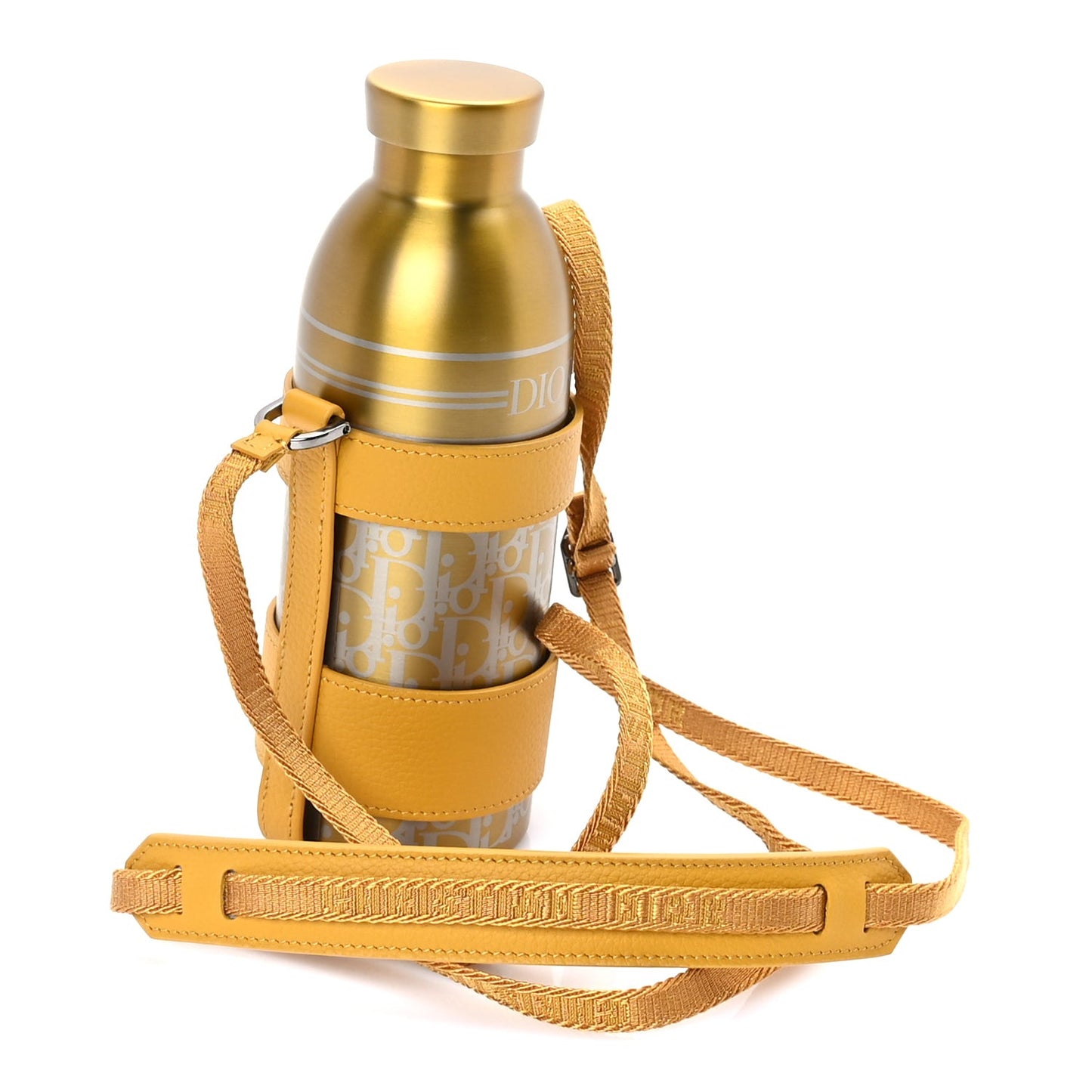 Oblique Stainless Steel Grained Calfskin Aqua Bottle With Shoulder Strap Yellow