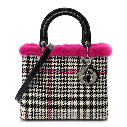 Christian Dior Tweed Crocodile Mink Plaid Medium Lady Dior Black Pink White 1 of 16