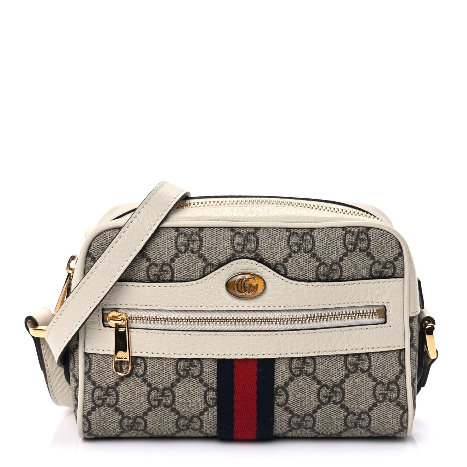 Gucci GG Supreme Monogram Textured Calfskin Web Mini Ophidia Shoulder Bag Beige Ebony Mystic White 1 of 7