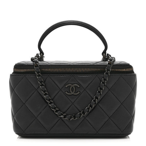 Lambskin Quilted Small Top Handle Vanity Case With Chain So Black