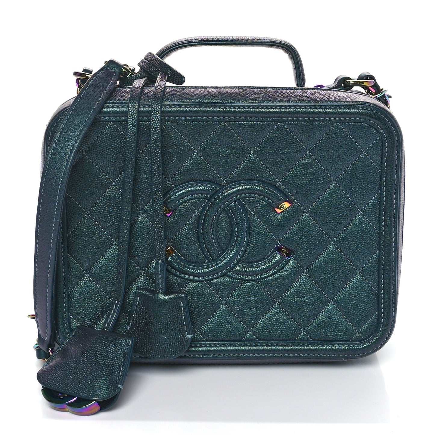 Iridescent Caviar Quilted Medium CC Filigree Vanity Case Dark Turquoise