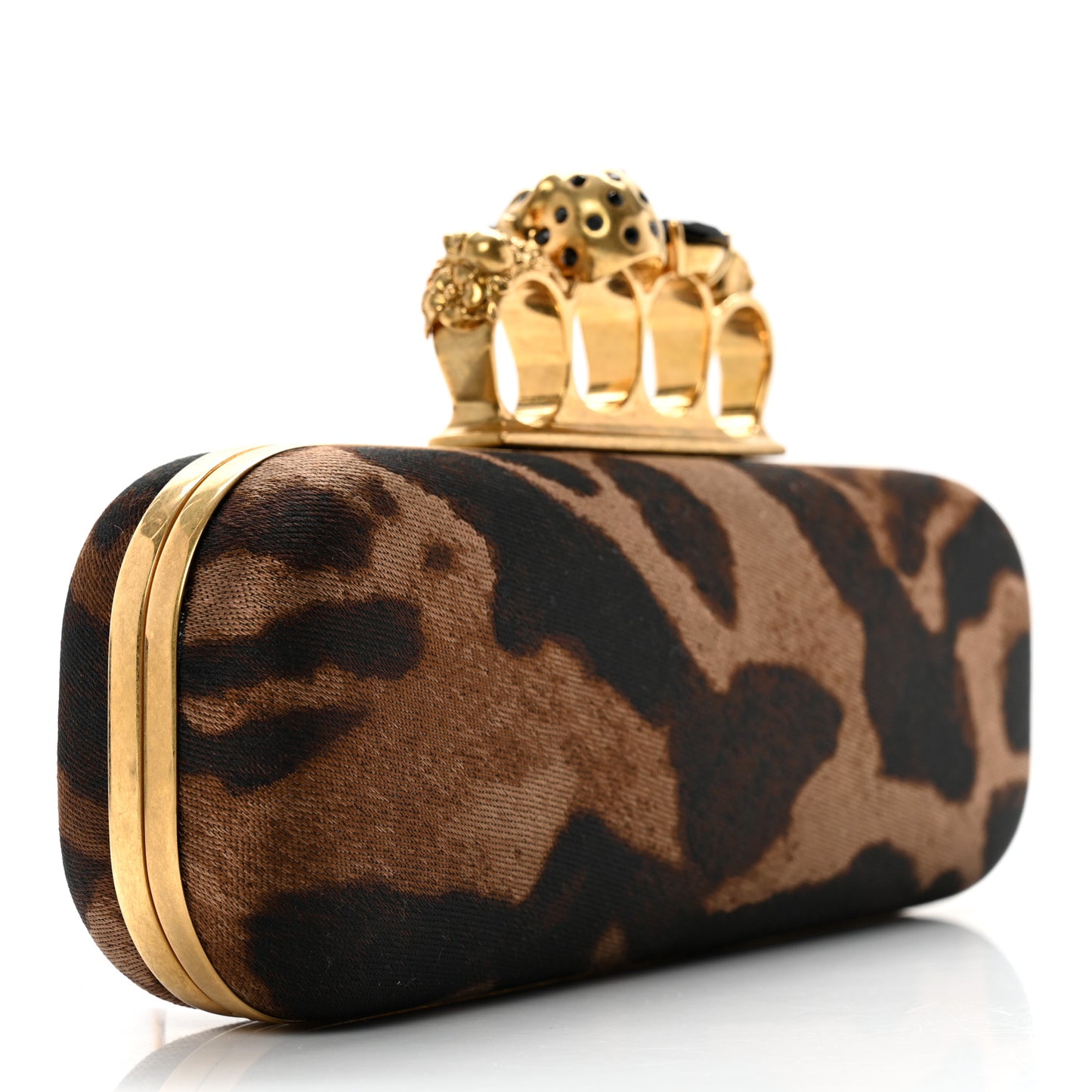 Silk Ocelot Print Skull Knuckle Box Clutch