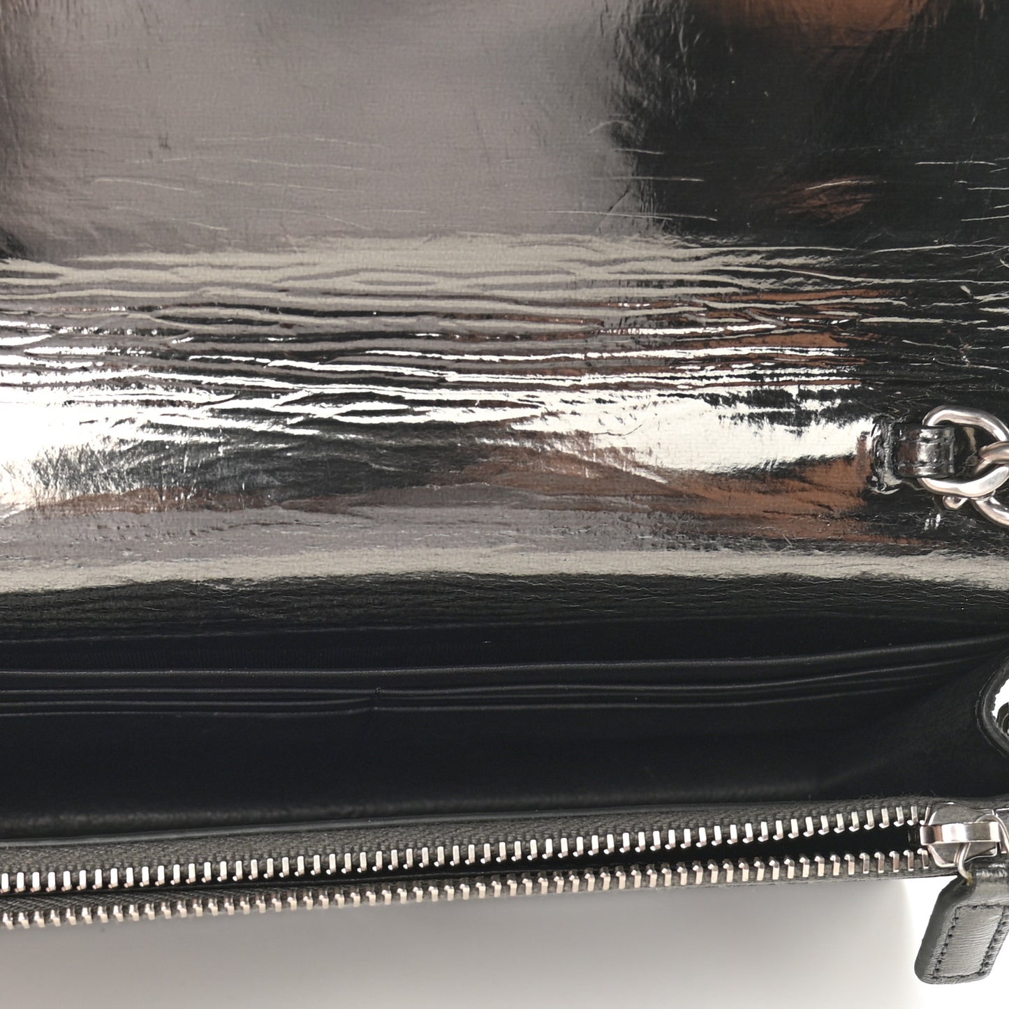 Metallic Crackled Calfskin Kate Monogram Tassel Chain Wallet Argento