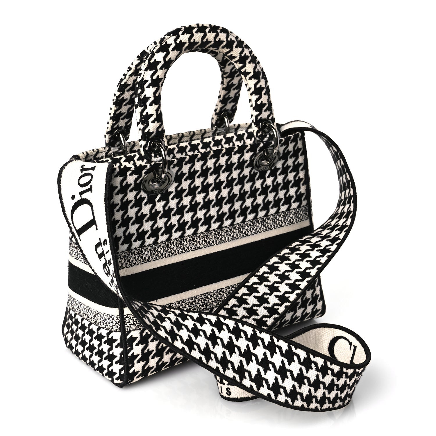 Christian Dior Canvas Houndstooth Embroidered Medium Lady D-Lite Black White 2 of 8