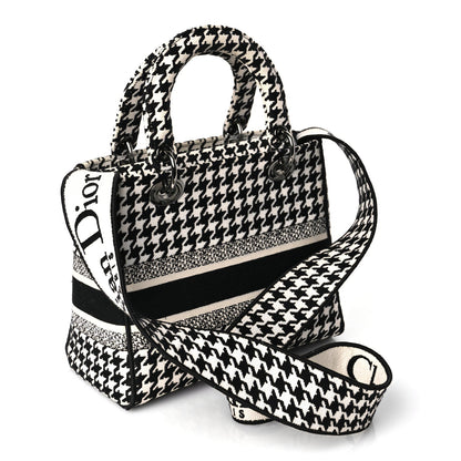 Christian Dior Canvas Houndstooth Embroidered Medium Lady D-Lite Black White 2 of 8