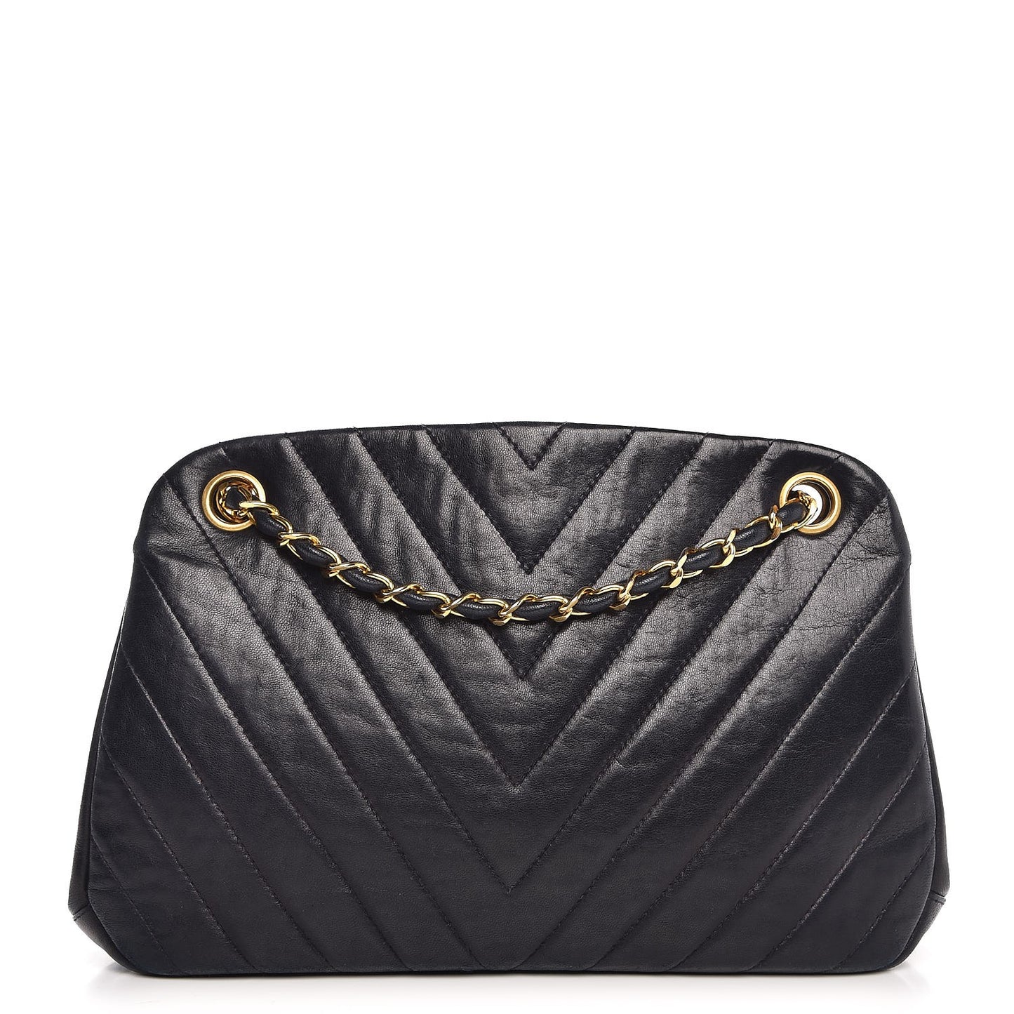 Vintage Lambskin Chevron Quilted Frame Shoulder Bag Navy