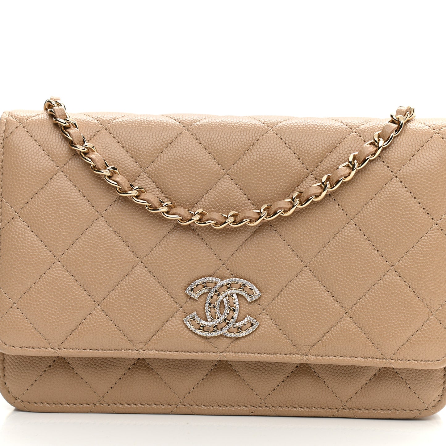 Caviar Quilted Crystal CC Wallet On Chain WOC Beige